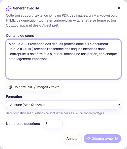 Dialogue Quizzou de génération de quiz par IA : coller un cours ou joindre un PDF, choisir la formation et le nombre de questions