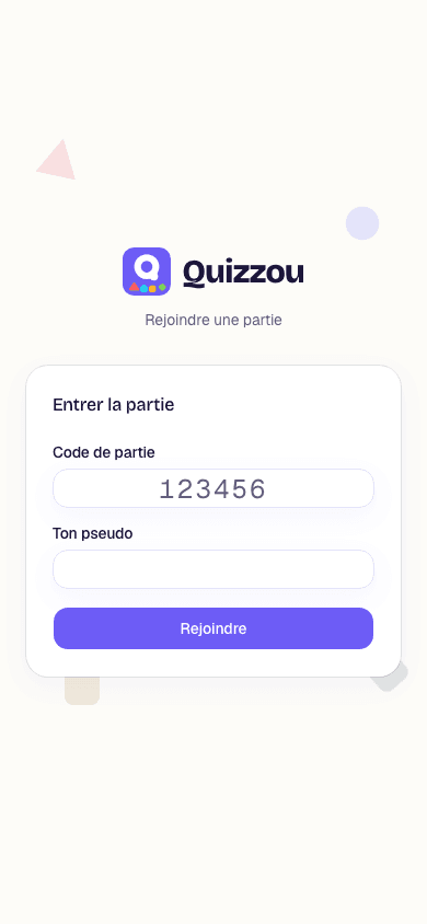 Écran mobile Quizzou pour rejoindre une partie : code à 6 chiffres et pseudo, sans compte